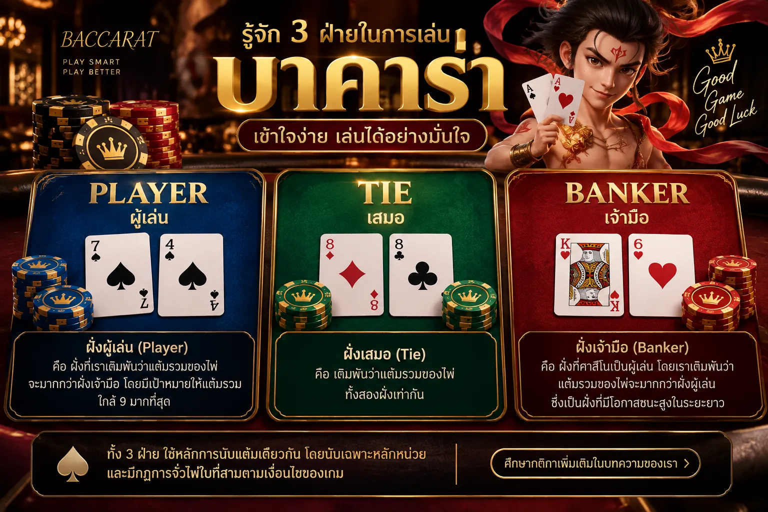 บาคาร่า Player Banker และ Tie อธิบาย 3 ฝั่งหลักของเกมบาคาร่า