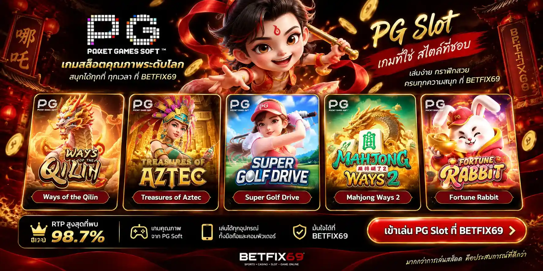 ค่ายสล็อต PG Slot รวม 5 เกมยอดนิยม RTP สูงสุด 98.7% ที่ BETFIX69