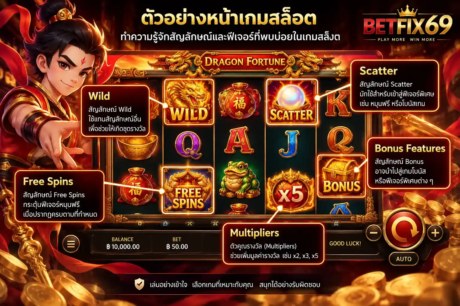 เกมสล็อต พร้อมสัญลักษณ์ Wild Scatter Free Spins Bonus Features และ Multipliers