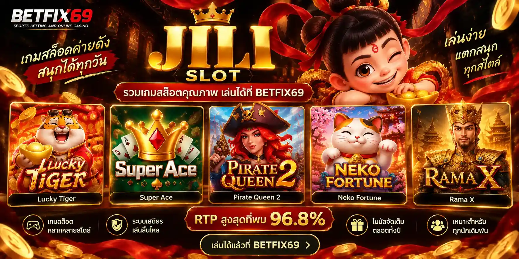 JILI Slot รวม 5 เกมยอดนิยม RTP สูงสุด 96.8% ที่ BETFIX69 พร้อมตัวละครนาจา